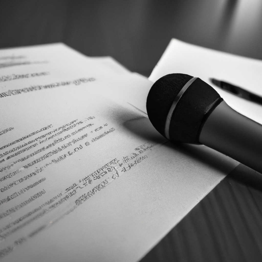 Public speaking script on a desk with voice training notes, pacing marks, and a metronome-like timer in a high-contrast monochrome style